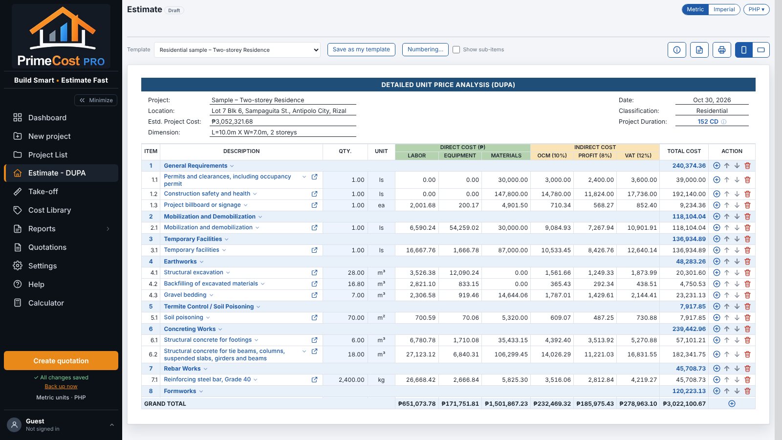 DUPA estimate sheet